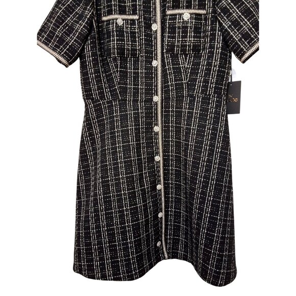 CeCe Metallic Plaid Short Sleeve Tweed Mini Dress Embellished Rhinestone Button- - Picture 5 of 7